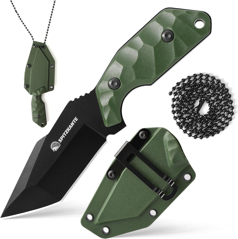 SPITZKANTE Neck Knife with Sheath and Necklace X-TAN-K, Full Tang Tanto Knife with 5Cr14MoV Steel Blade and Green ABS Handle, Horizontal Carry Knives - Image 1